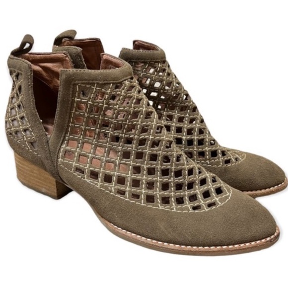 Jeffrey Campbell Shoes - Jeffrey Campbell Taggart Olive Green Suede Cutout Stacked Heel Booties.